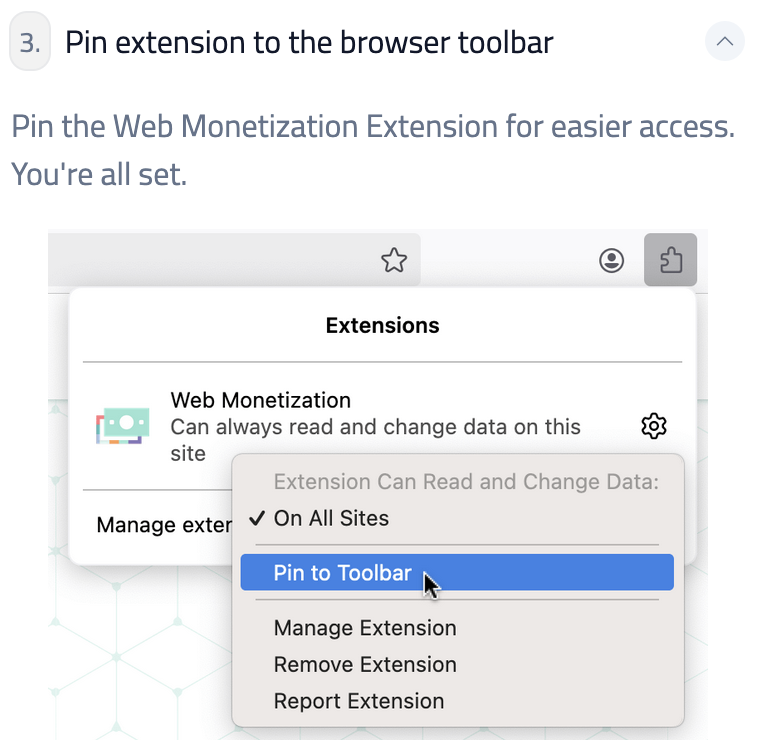 An example of where to find the pin to toolbar option for the extension