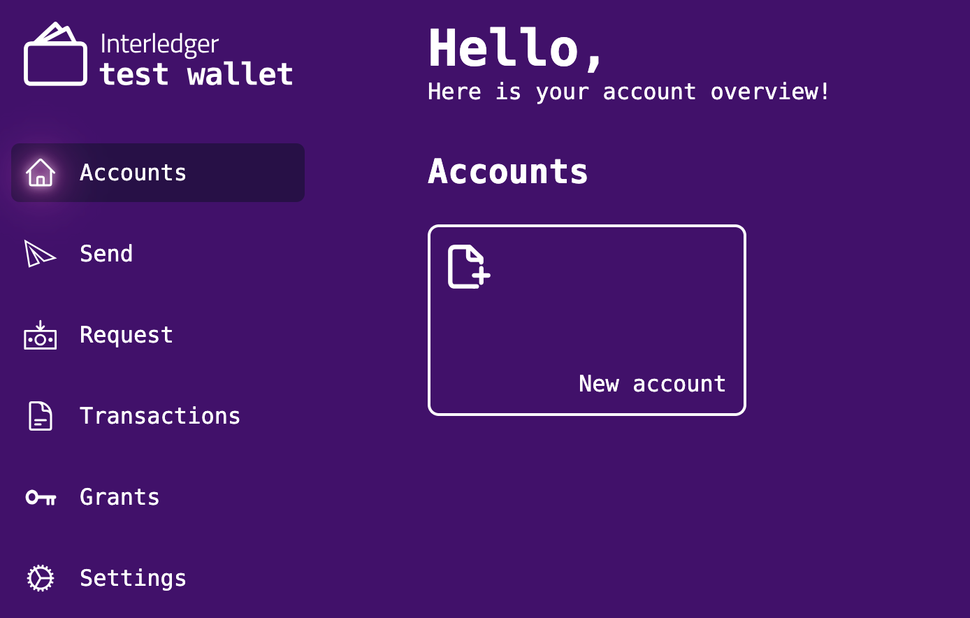 Test wallet dashboard with new account button